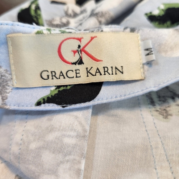 Grace Karin Soft Blue Floral Pleated & Flared Bohemian Knee Length Skirt M - Picture 3 of 5